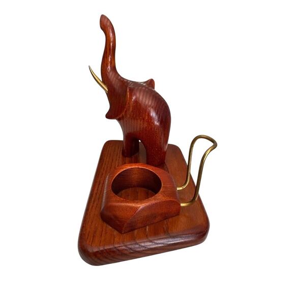 Vintage Hand Carved Wood Elephant Pipe Holder Candle Holder Desk Stand - Picture 9 of 10